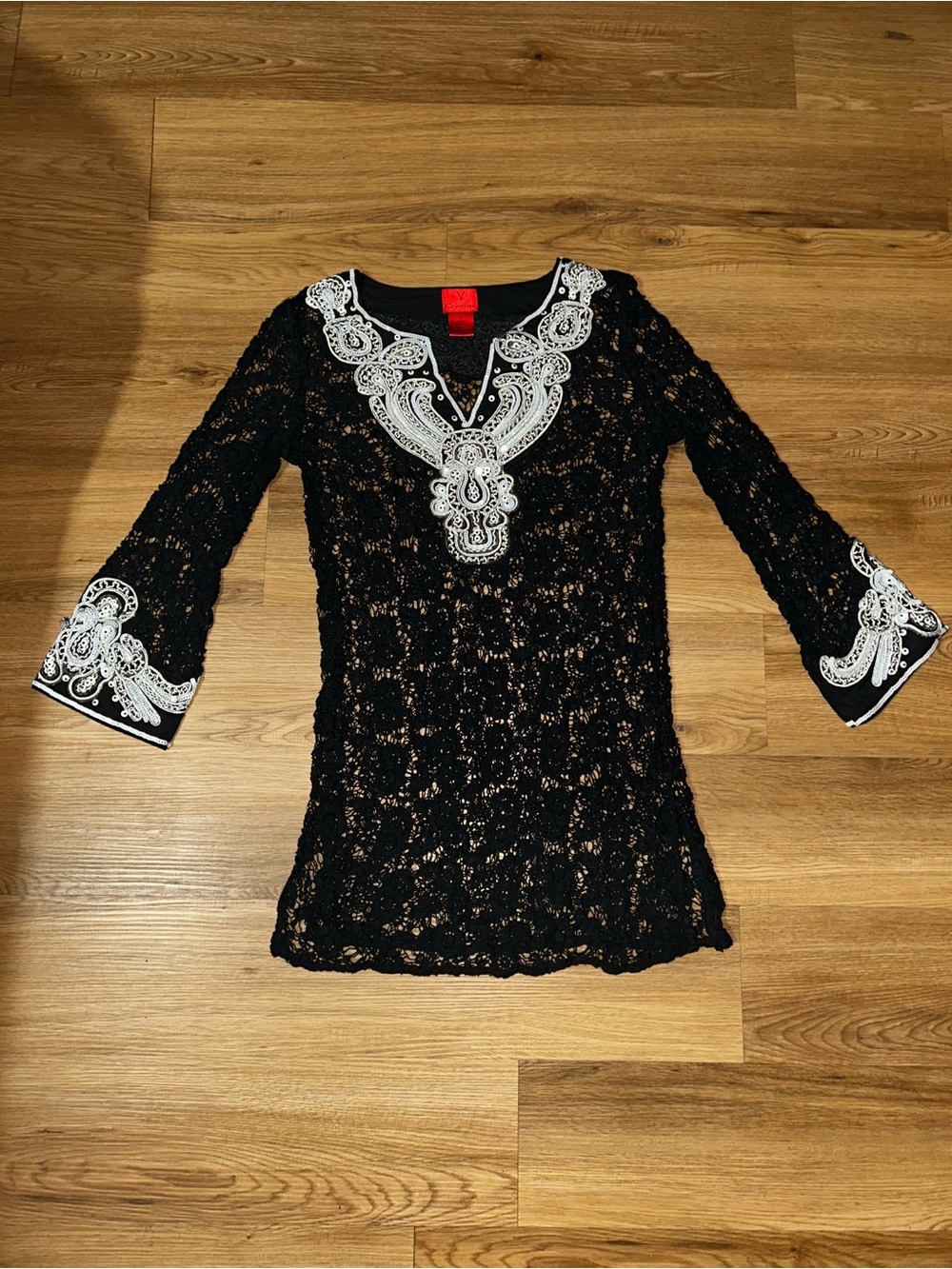 Christina Black Lace Tunic White Embroidered Boho Blouse